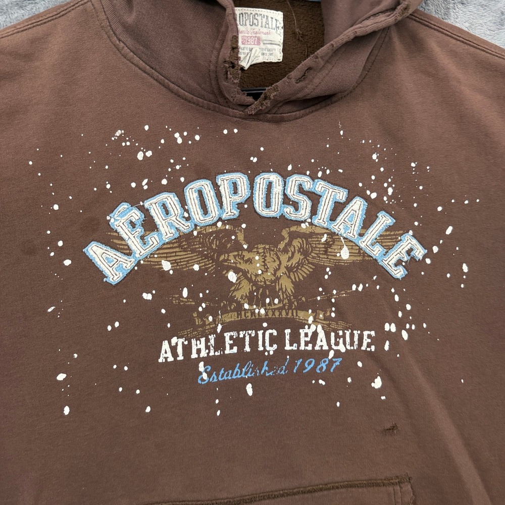 Aeropostale Hoodie Mens XL Brown Fair Distressed Paint Splatter Graphic Pullover - Picture 2 of 7